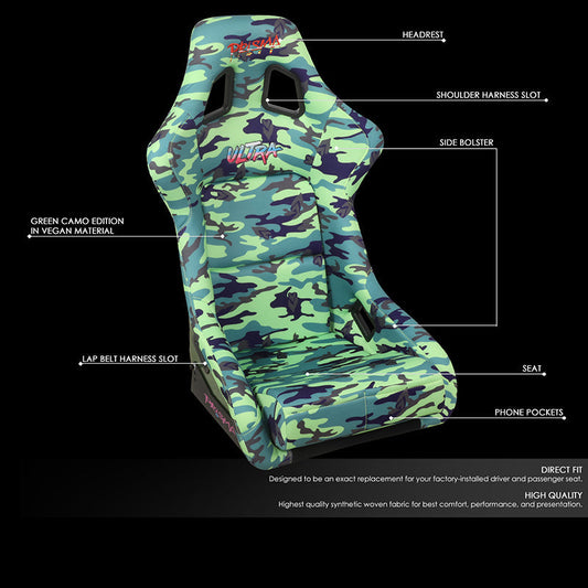 Green Camo Vegan Satin Racing Seats w/Mount Bracket - FRP-302-GIJ