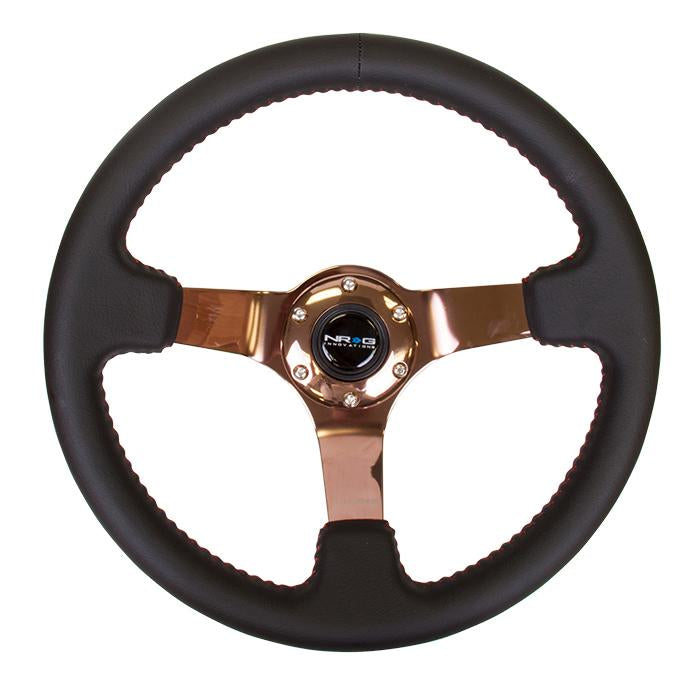 350mm 3 in. Deep Dish Rose Gold Spoke Leather Steering Wheel - ST-036RG