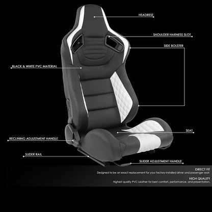 White Quilted Pattern Padded Racing Seat <BR>21 X 22 X 38 In. Overall Dimensions
