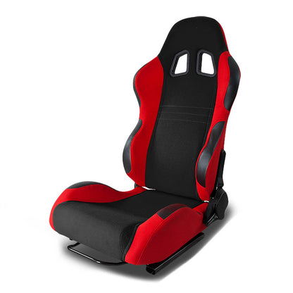 Left / Driver Side Reclinable Fabric Cloth+Leather Racing Seat w/Universal Slider Red/Black