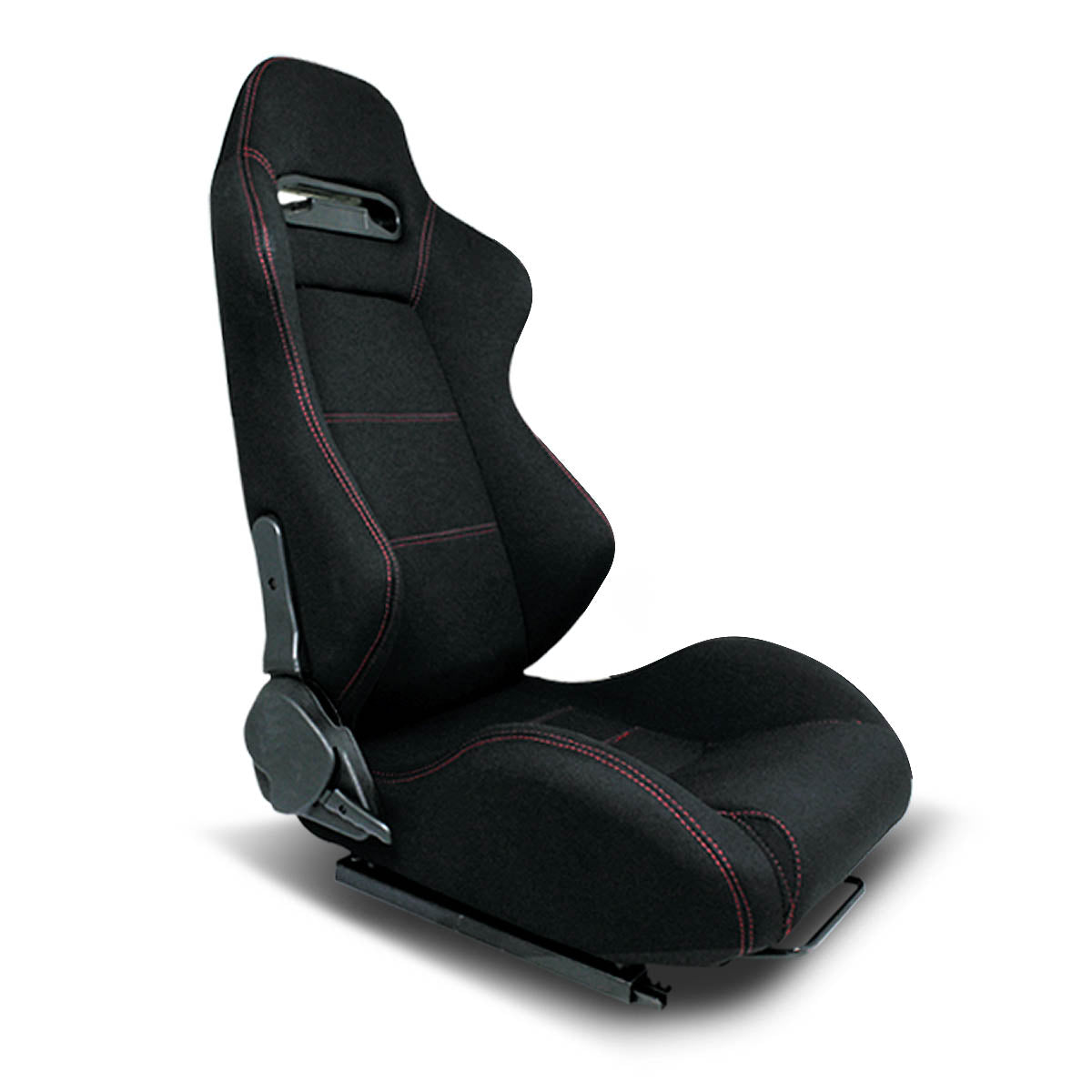 Left / Driver Side Reclinable Red Stitch Woven Upholstery Cloth Racing Seat w/Universal Slider