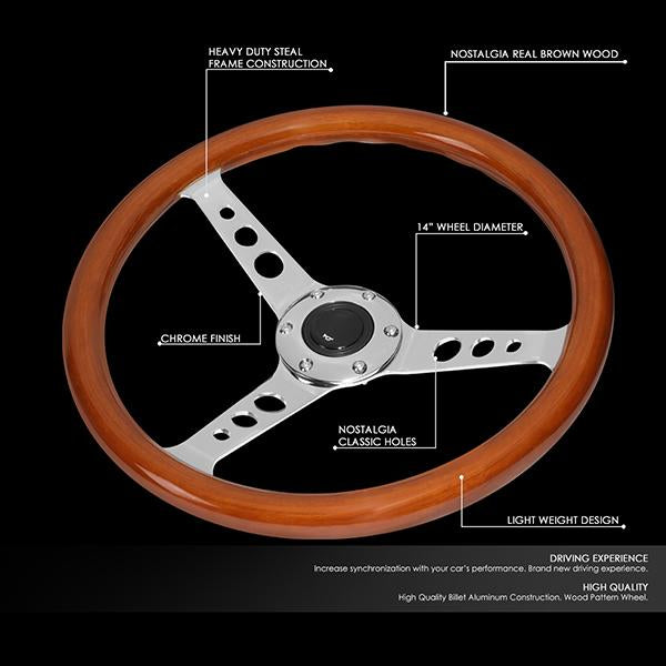 14 in. Classic Style Wood Grain Steering Wheel - Stainless Steel Spokes