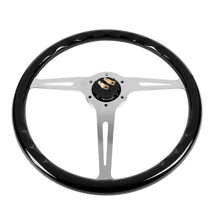 15 in. Vintage Style Black Wood Grain Steering Wheel - Stainless Steel Spokes