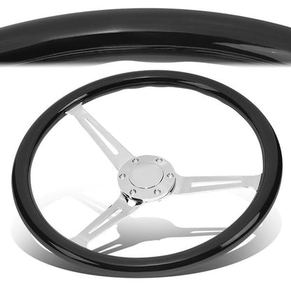 15 in. Vintage Style Black Wood Grain Steering Wheel - Stainless Steel Spokes
