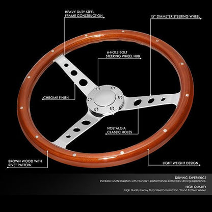 15 in. Vintage Style Riveted Wood Grain Steering Wheel - Stainless Steel Spokes