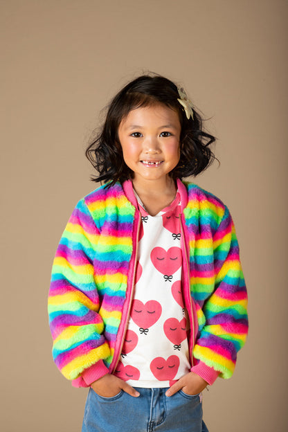 FLUORESCENT STRIPE FAUX FUR JACKET