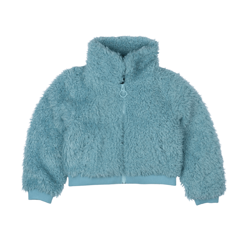 BLUE FAUX SHERPA BOMBER JACKET