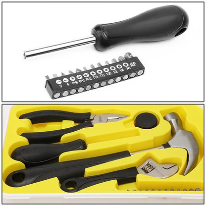 17 Pcs Repair Hand Tool Kit - Hammer Adjustable Wrench Plier Screwdriver Bits - Yellow