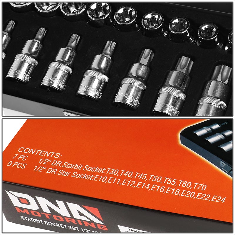 7Pcs T30-T70 Internal 9Pcs E10-E24 External Torx 1/2 Sockets w/Carrying Case