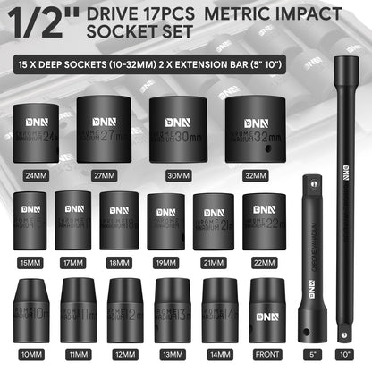 17-Pieces 1/2 in. Drive Deep Impact Socket Set with Extension Bars