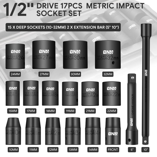 17-Pieces 1/2 in. Drive Deep Impact Socket Set with Extension Bars