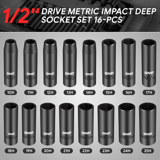 16pcs 1/2 in. DR. Impact Deep Socket Set <br>10mm-25mm,Cr-V Steel