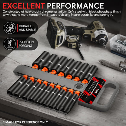 16pcs 1/2 in. DR. Impact Deep Socket Set <br>10mm-25mm,Cr-V Steel