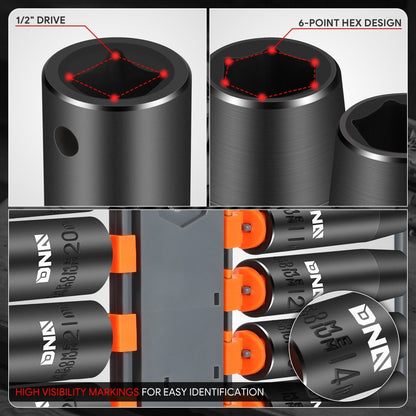 16pcs 1/2 in. DR. Impact Deep Socket Set <br>10mm-25mm,Cr-V Steel