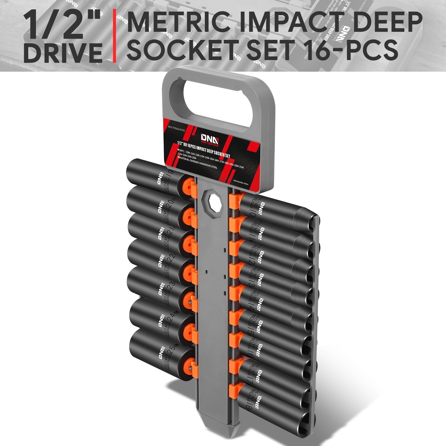 16pcs 1/2 in. DR. Impact Deep Socket Set <br>10mm-25mm,Cr-V Steel