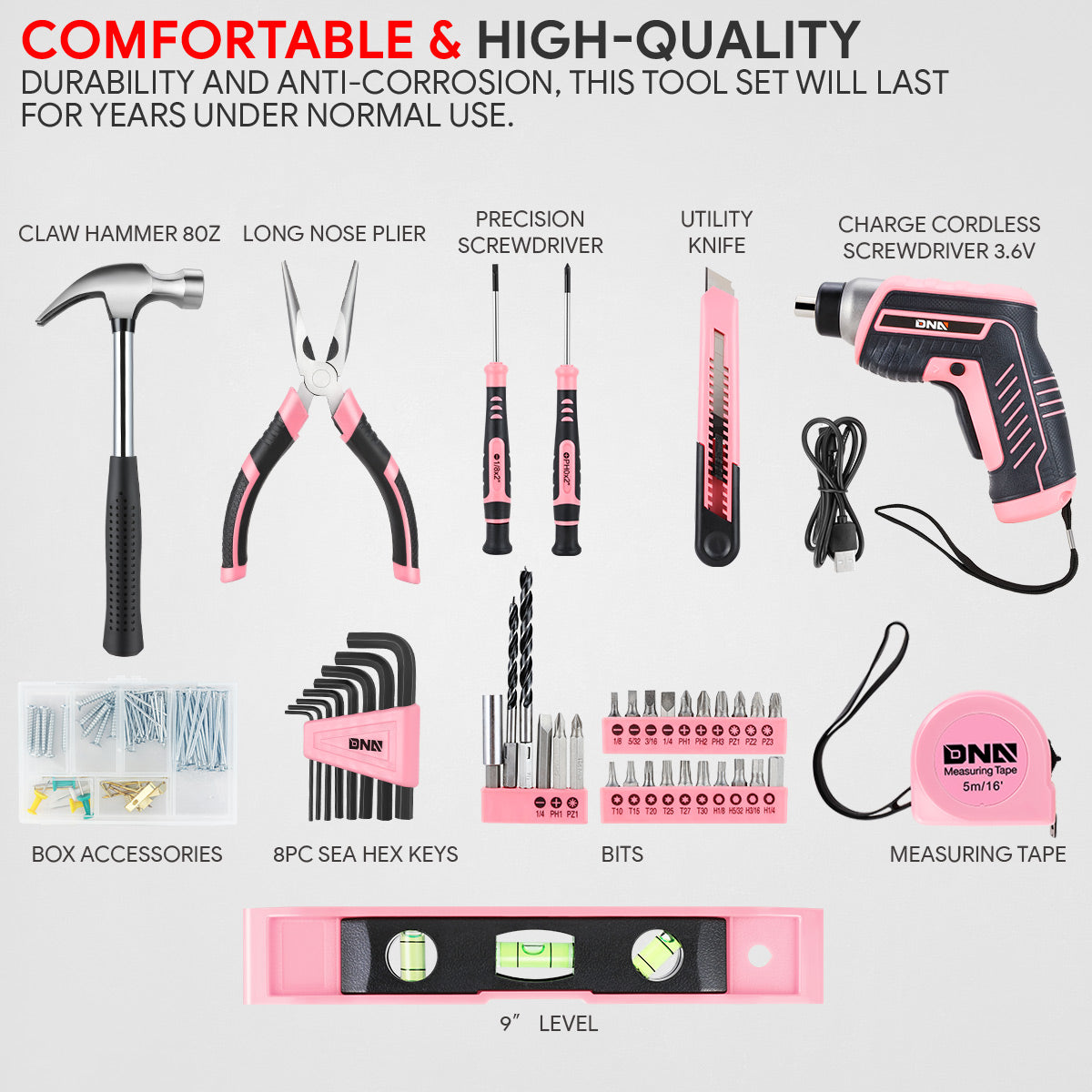 44pcs Hand Tool Kit with Storage Bag (Pink)