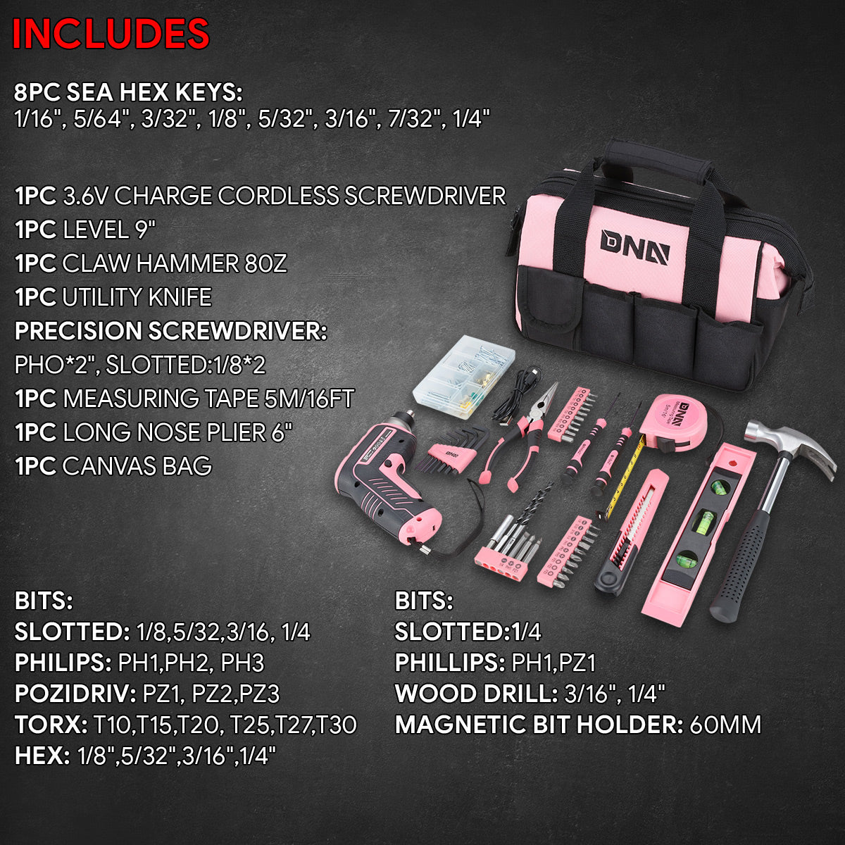 44pcs Hand Tool Kit with Storage Bag (Pink)