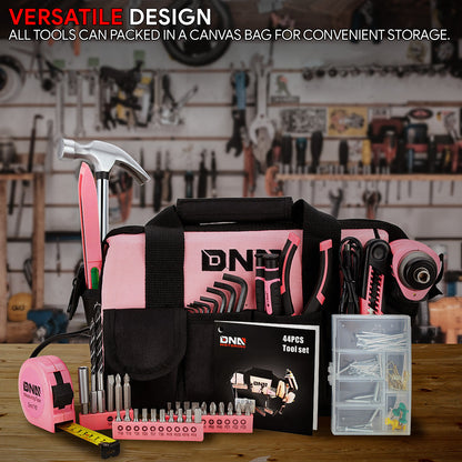 44pcs Hand Tool Kit with Storage Bag (Pink)