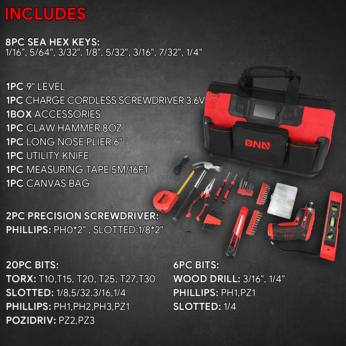 44pcs Hand Tool Kit with Storage Bag (Red)