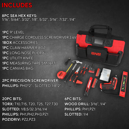 44pcs Hand Tool Kit with Storage Bag (Red)