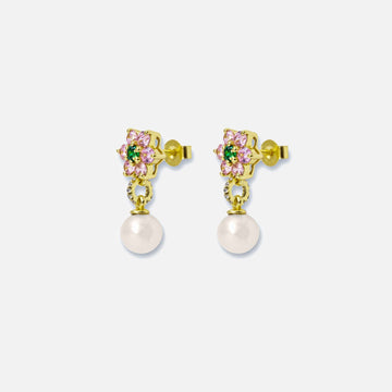 VEERT Pink & Green Flower Freshwater Pearl Earrings - Yellow Gold