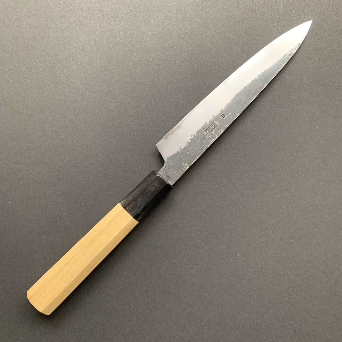 Petty Knife, Shirogami 2 with iron cladding, Kurouchi finish, Kikuzuki Kuro range - Sakai Kikumori