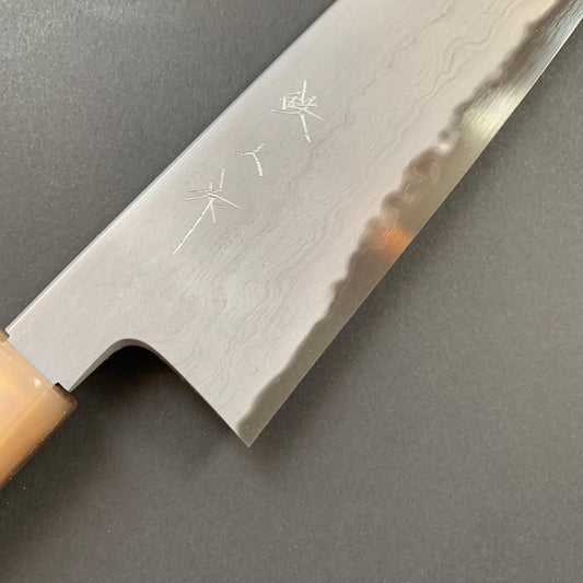 Kiritsuke Knife, Aogami 2, Wrought Iron cladding, Metal Flow range, Damascus finish - Tetsujin Hamono