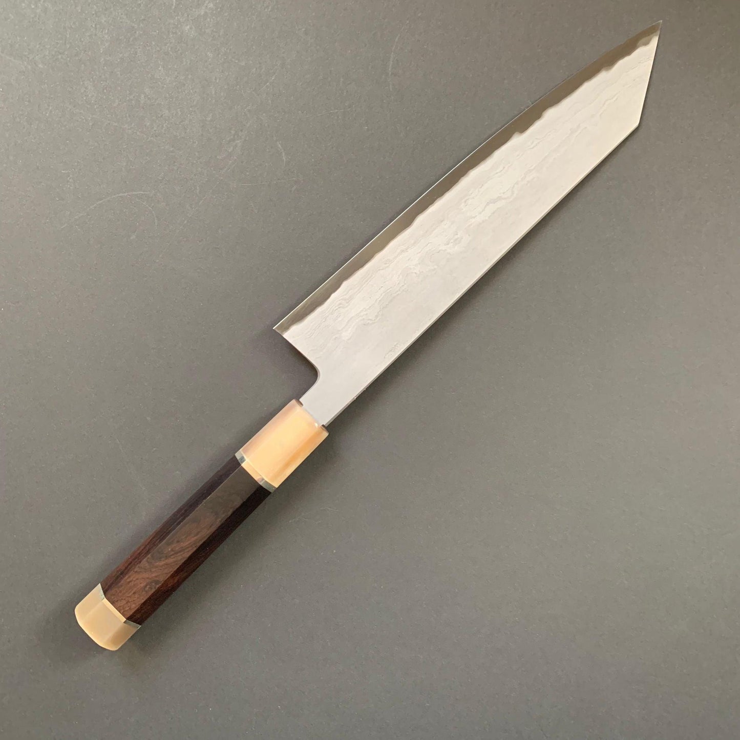 Kiritsuke Knife, Aogami 2, Wrought Iron cladding, Metal Flow range, Damascus finish - Tetsujin Hamono