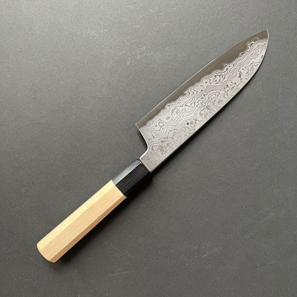 Santoku Knife, Aogami 1 with iron cladding, Damascus finish, Kikuzuki Uzu range - Sakai Kikumori