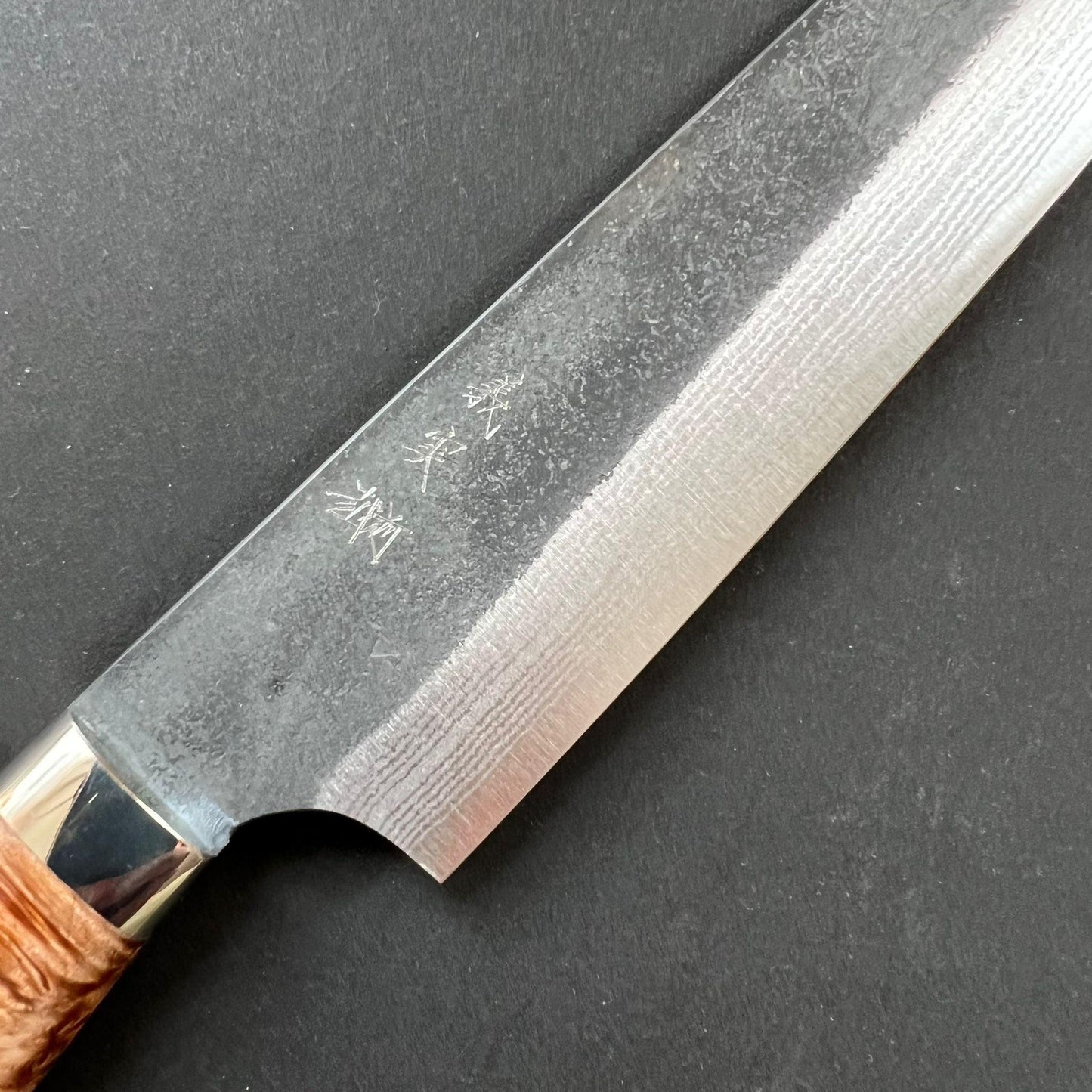 Sujihiki knife, Aogami Super with stainless steel cladding, Western style Maple wood handle, Kurouchi finish - Kato