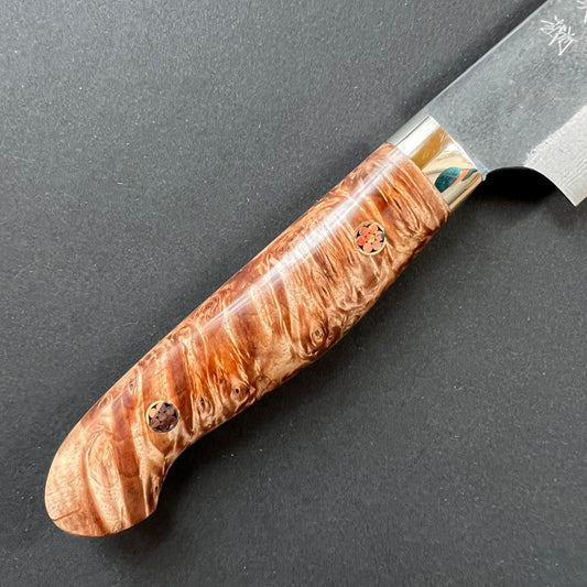 Sujihiki knife, Aogami Super with stainless steel cladding, Western style Maple wood handle, Kurouchi finish - Kato