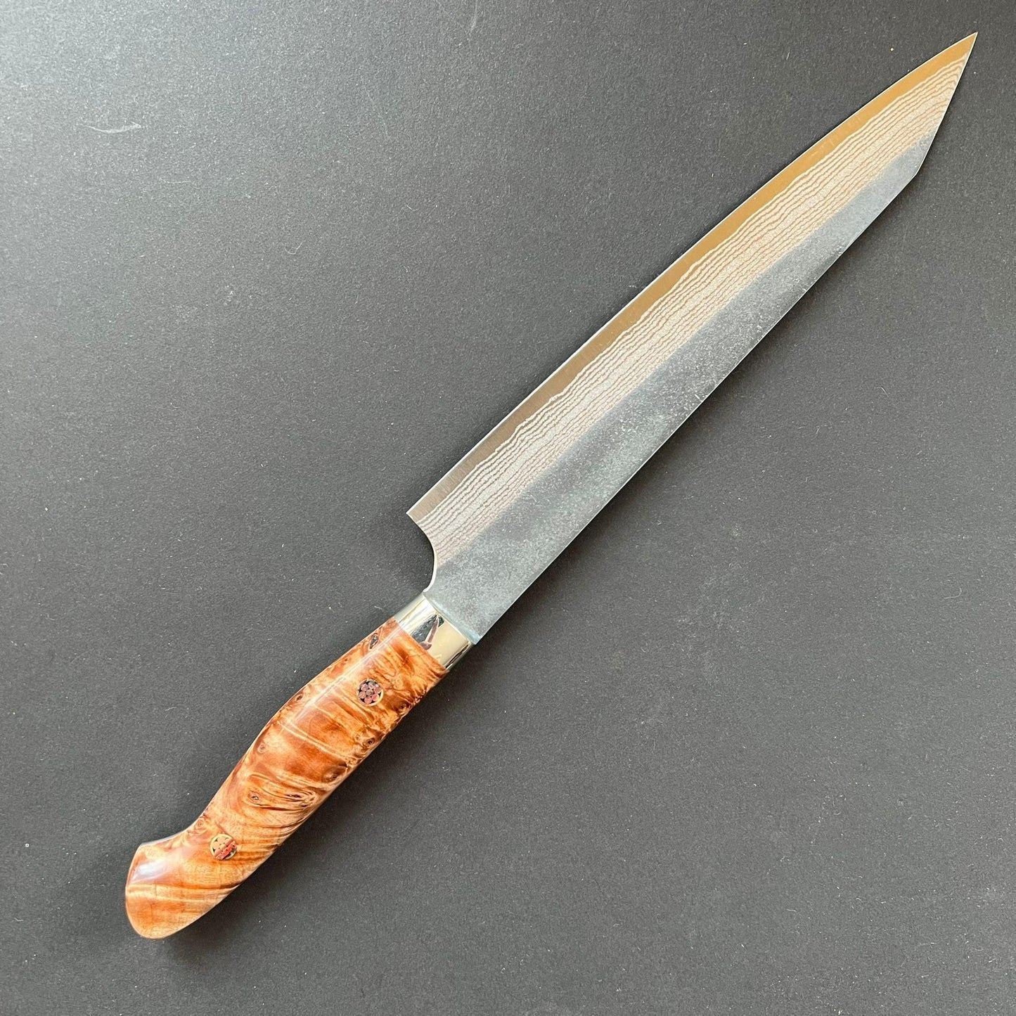 Sujihiki knife, Aogami Super with stainless steel cladding, Western style Maple wood handle, Kurouchi finish - Kato