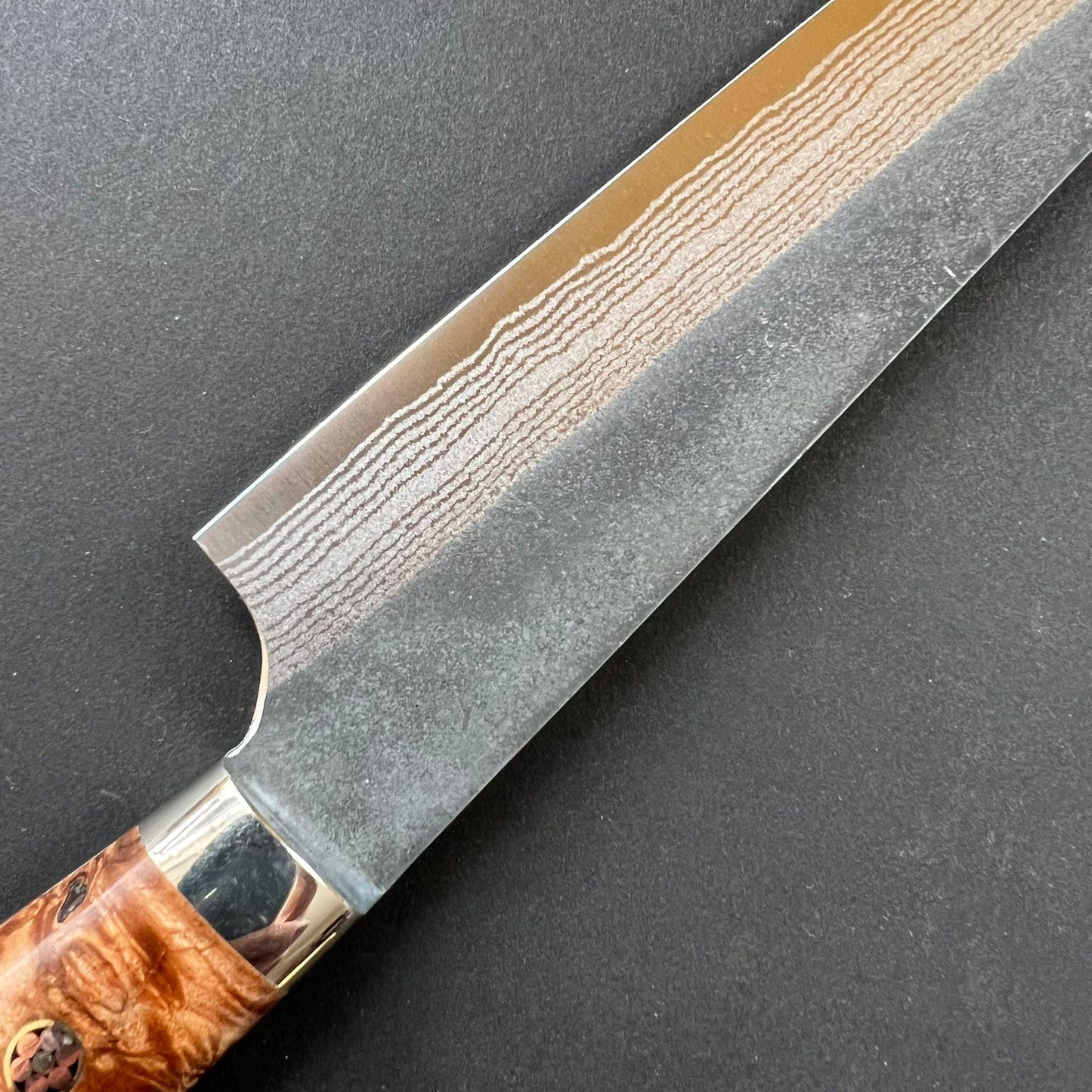 Sujihiki knife, Aogami Super with stainless steel cladding, Western style Maple wood handle, Kurouchi finish - Kato