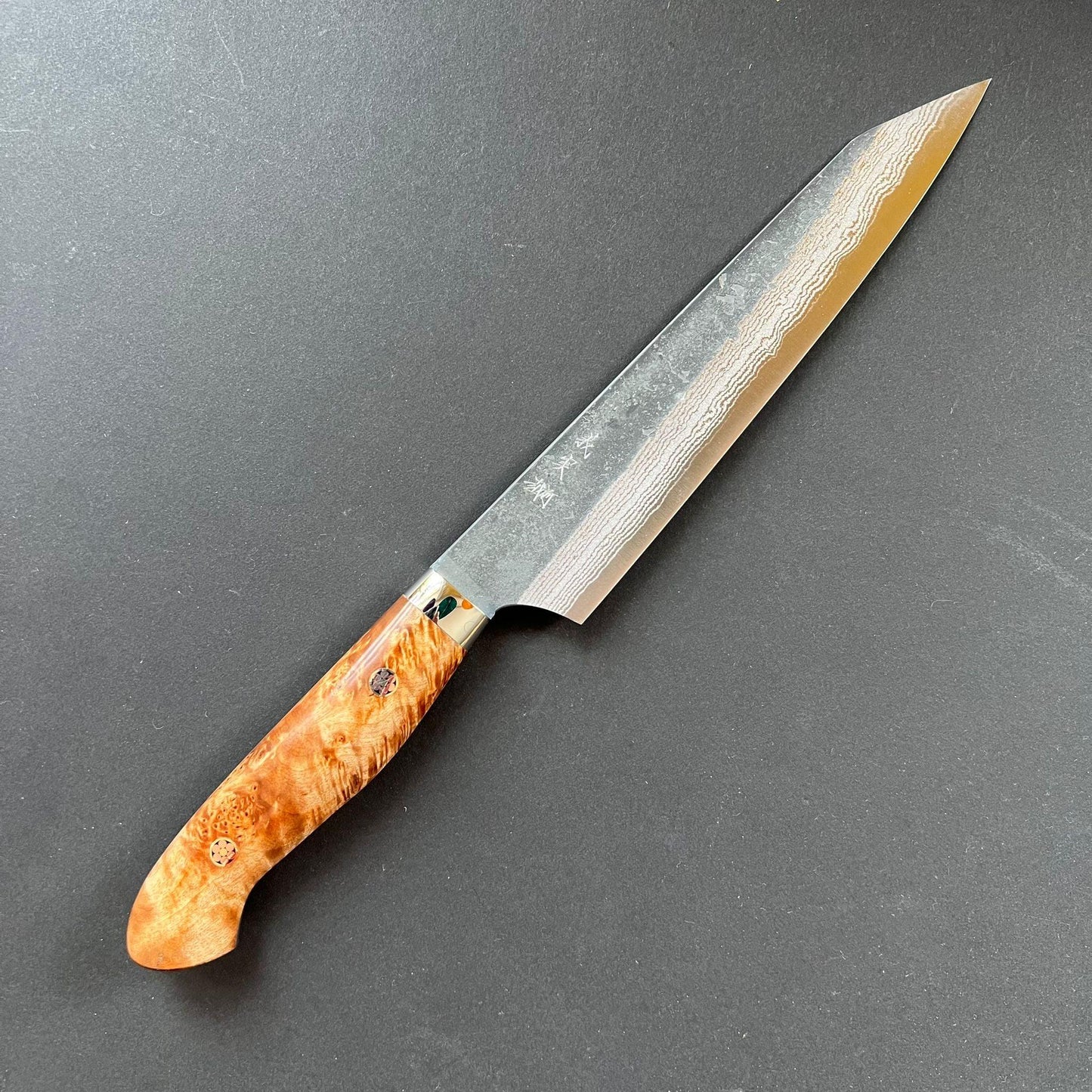 Sujihiki knife, Aogami Super with stainless steel cladding, Western style Maple wood handle, Kurouchi finish - Kato