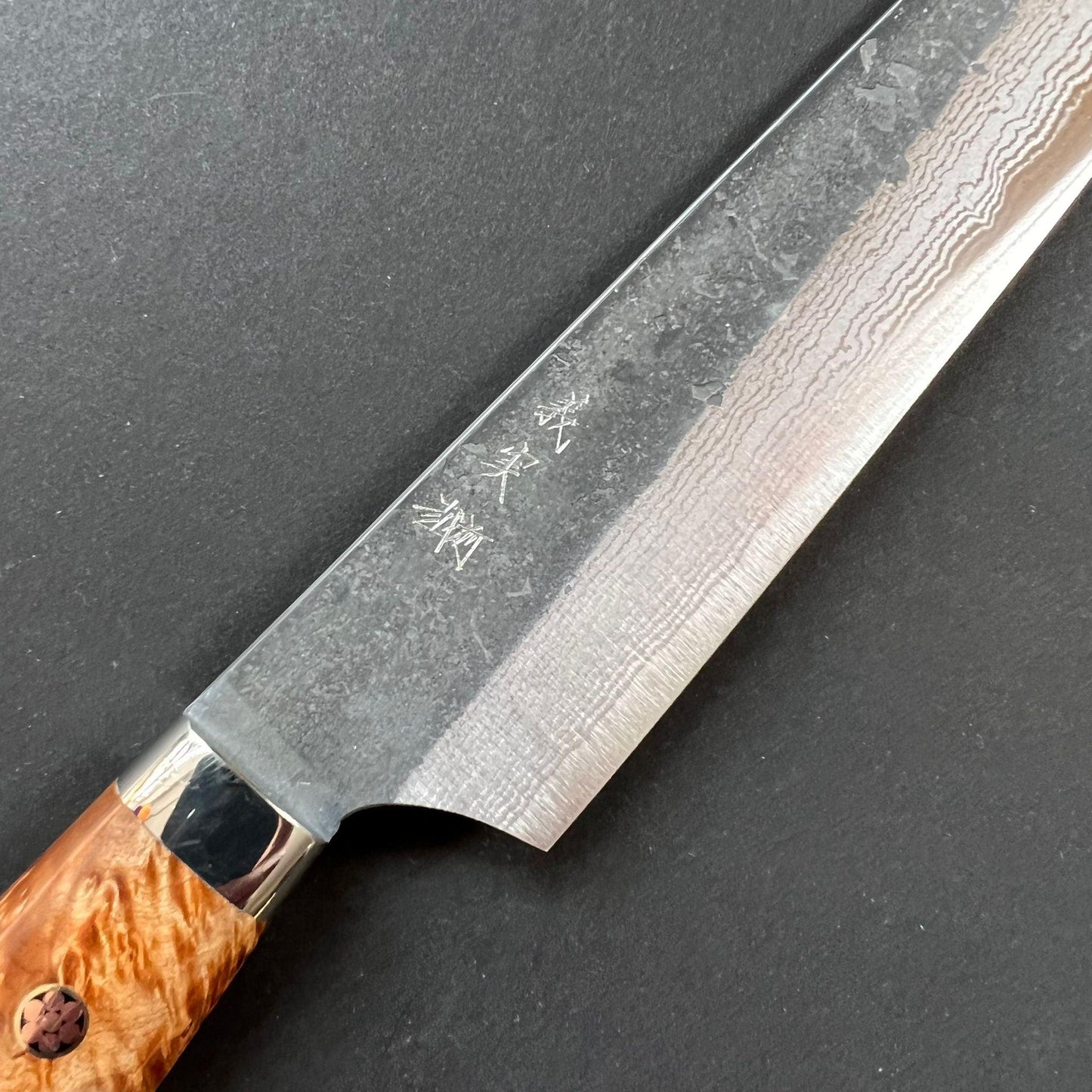 Sujihiki knife, Aogami Super with stainless steel cladding, Western style Maple wood handle, Kurouchi finish - Kato