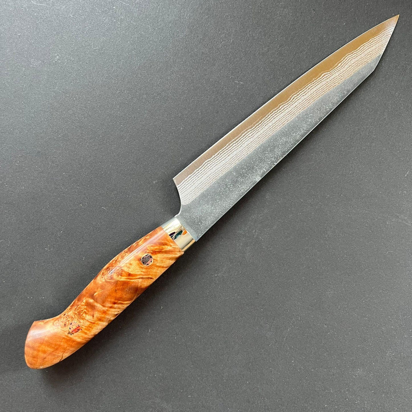Sujihiki knife, Aogami Super with stainless steel cladding, Western style Maple wood handle, Kurouchi finish - Kato