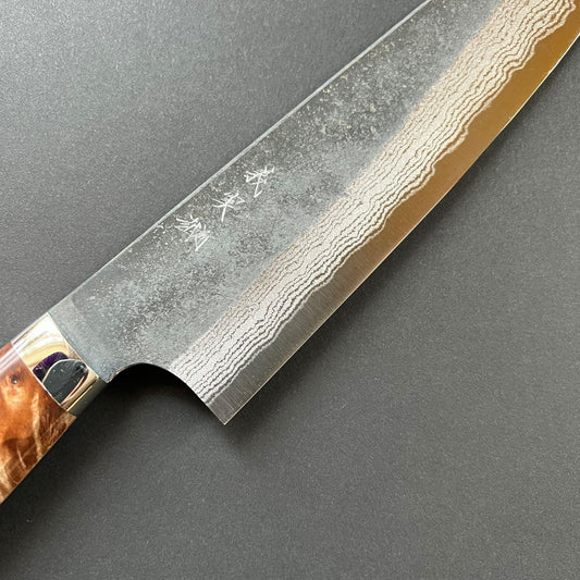 Santoku knife, Aogami Super with stainless steel cladding, Western style Maple wood handle, Kurouchi finish - Kato