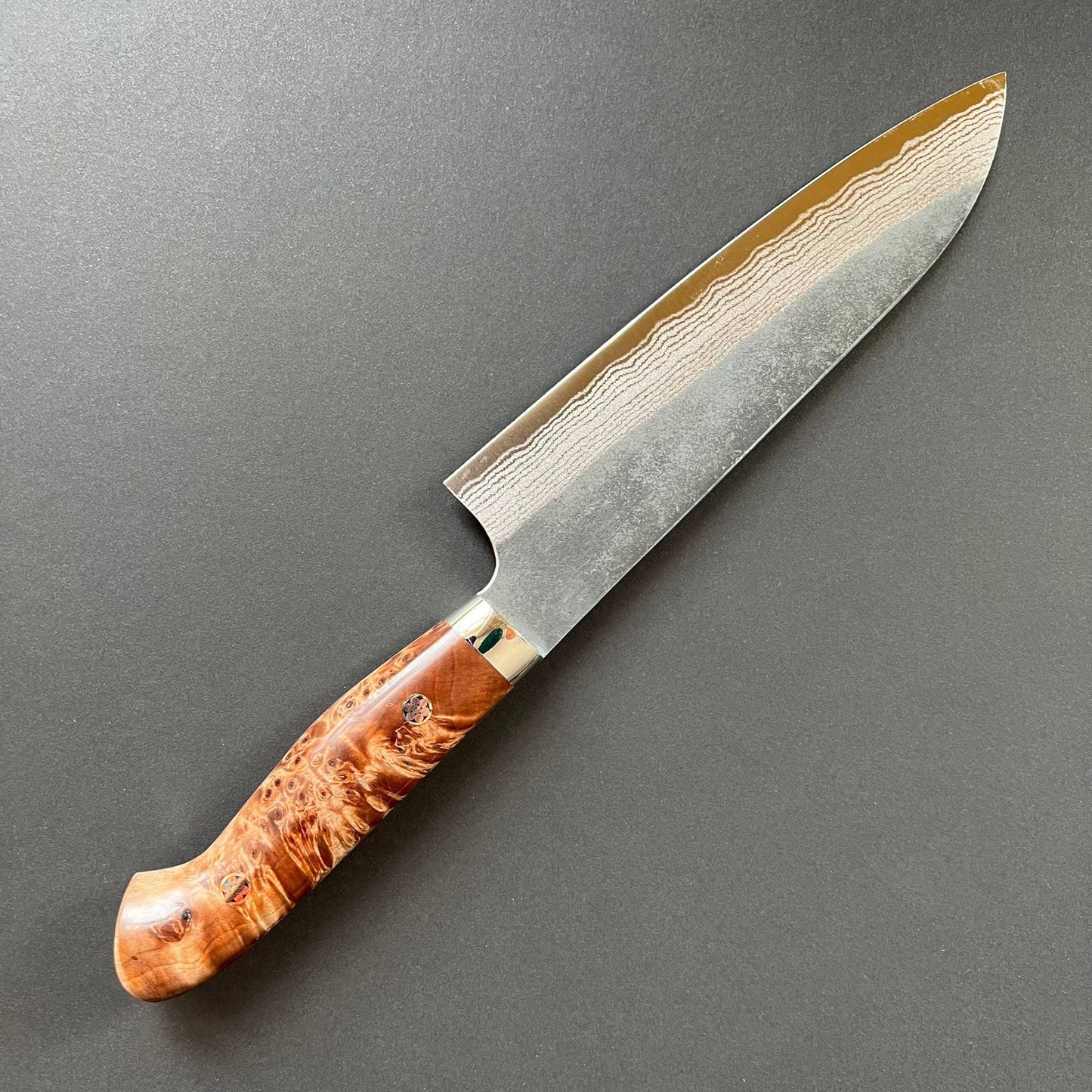 Santoku knife, Aogami Super with stainless steel cladding, Western style Maple wood handle, Kurouchi finish - Kato