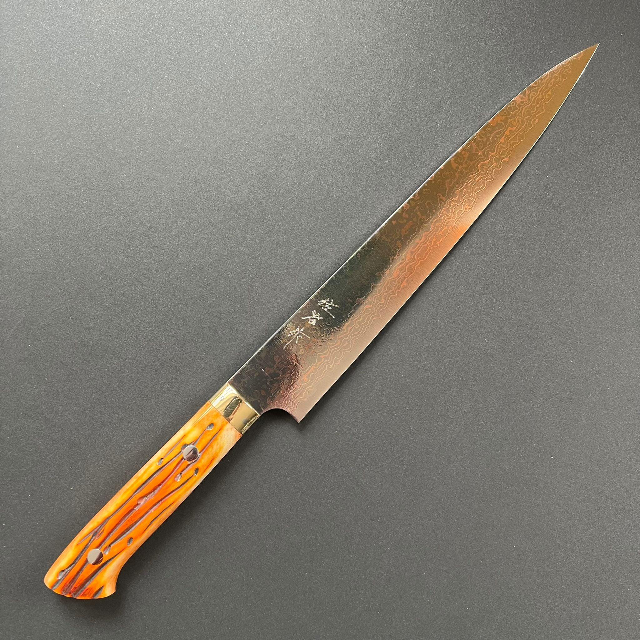 Sujihiki knife, VG10 Stainless Steel, Coloured Damascus finish, Western style cow horn handle - Saji