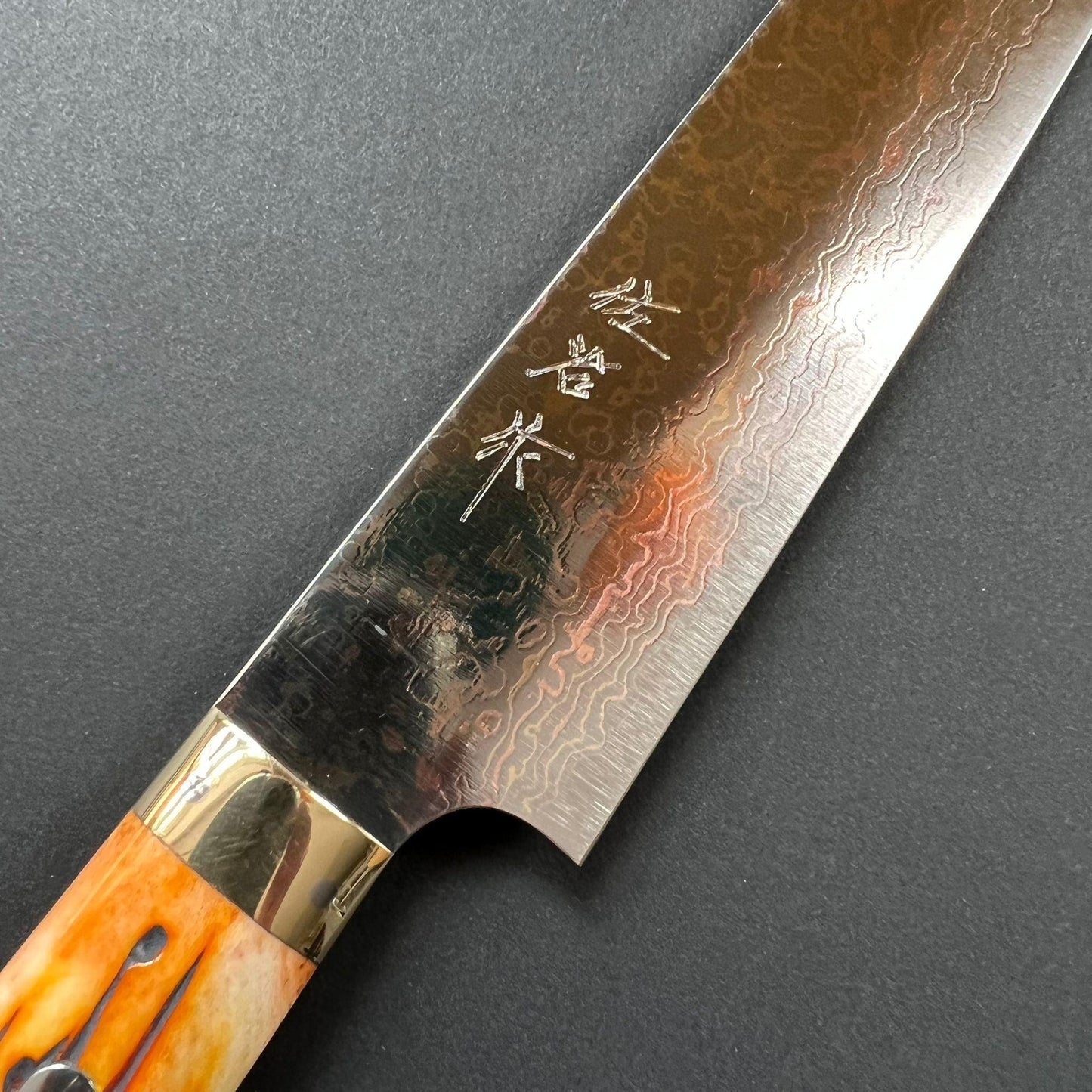 Sujihiki knife, VG10 Stainless Steel, Coloured Damascus finish, Western style cow horn handle - Saji