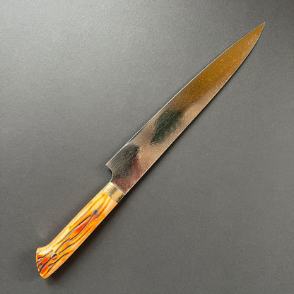Sujihiki knife, VG10 Stainless Steel, Coloured Damascus finish, Western style cow horn handle - Saji