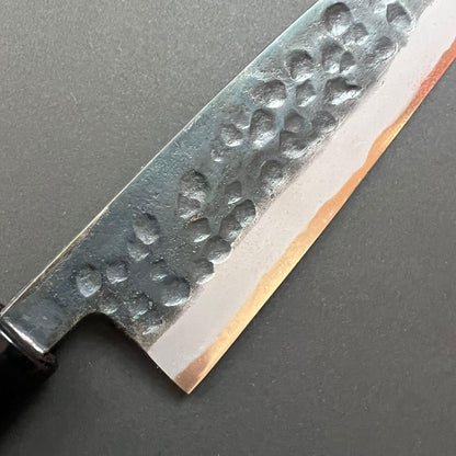 Santoku knife, Shirogami 2 with iron cladding, Kurouchi Tsuchime finish - Motokyuuichi
