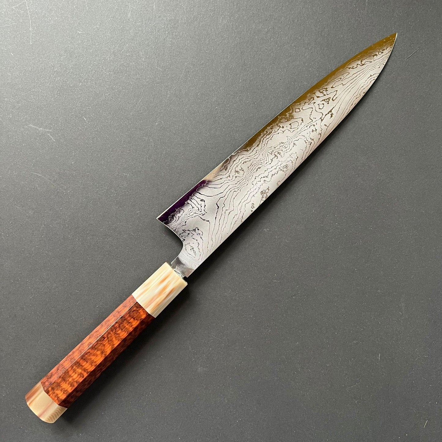 Gyuto knife, Shirogami 2 with iron cladding, Hand Laminated Damascus finish, Hyomon range - Hatsukokoro