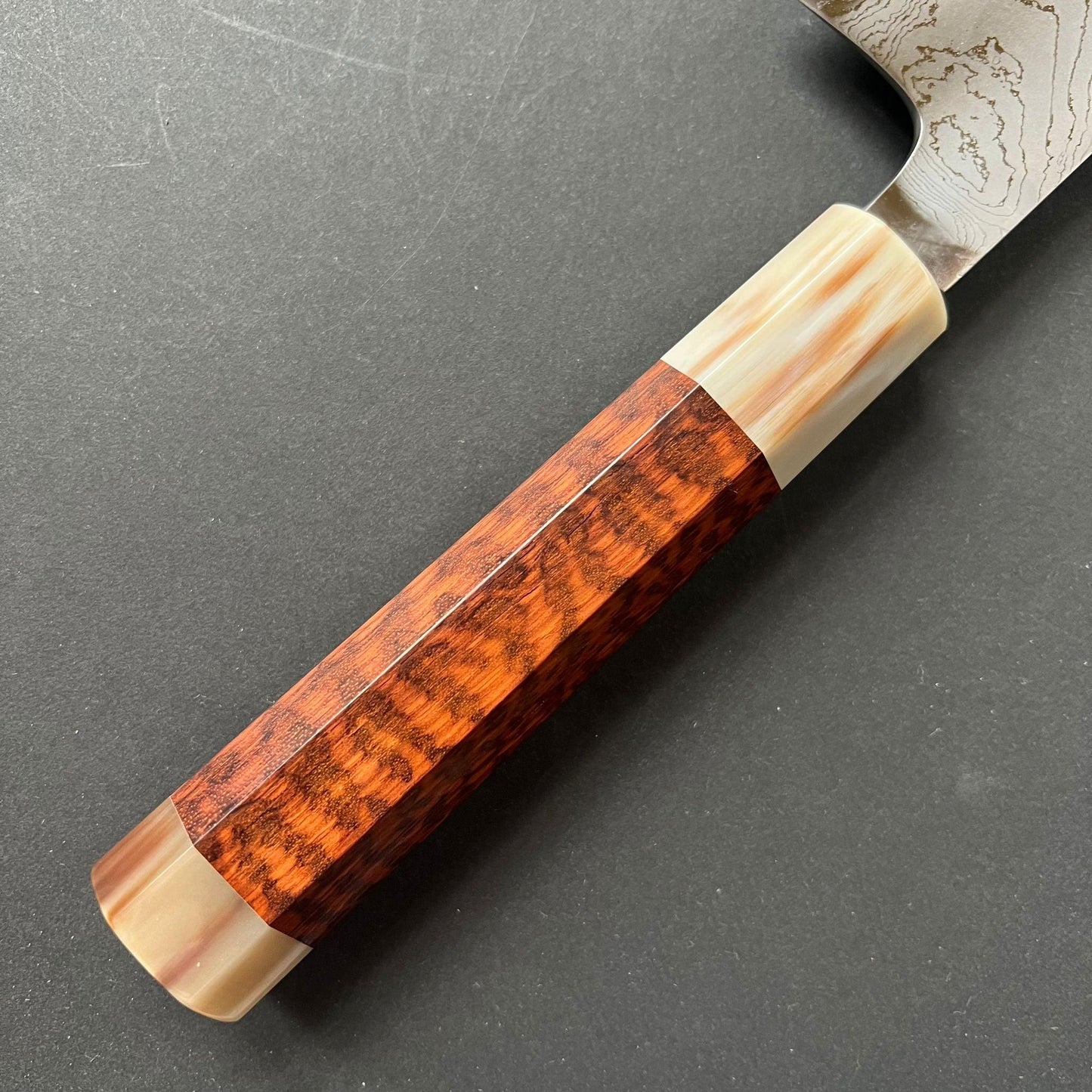Gyuto knife, Shirogami 2 with iron cladding, Hand Laminated Damascus finish, Hyomon range - Hatsukokoro