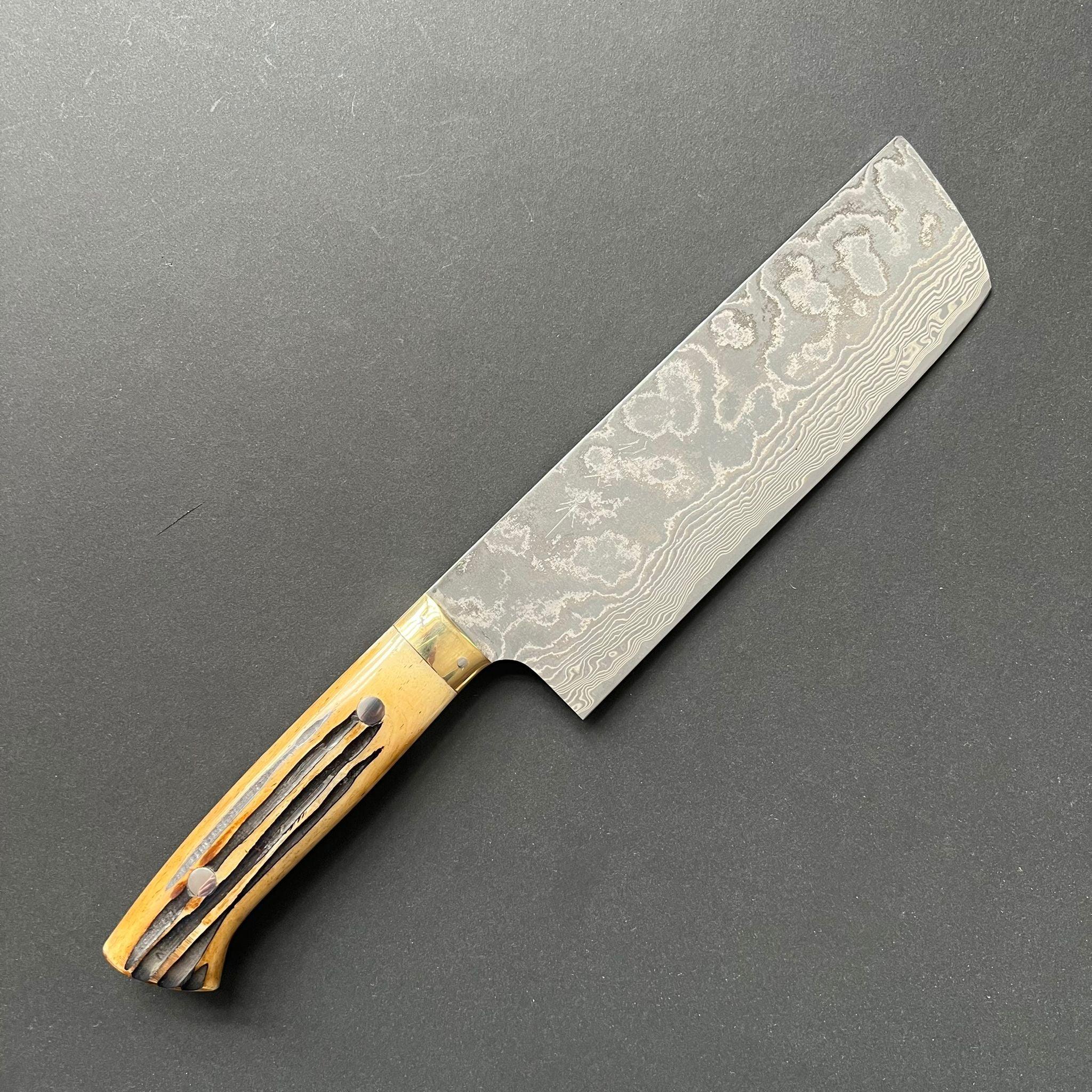 Nakiri knife, VG10 Stainless Steel, Damascus finish, Dyed Cow Horn western style handle - Saji