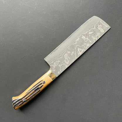Nakiri knife, VG10 Stainless Steel, Damascus finish, Dyed Cow Horn western style handle - Saji