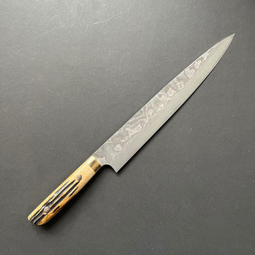 Sujihiki knife, VG10 Stainless Steel, Damascus finish, Dyed Cow Horn western style handle - Saji