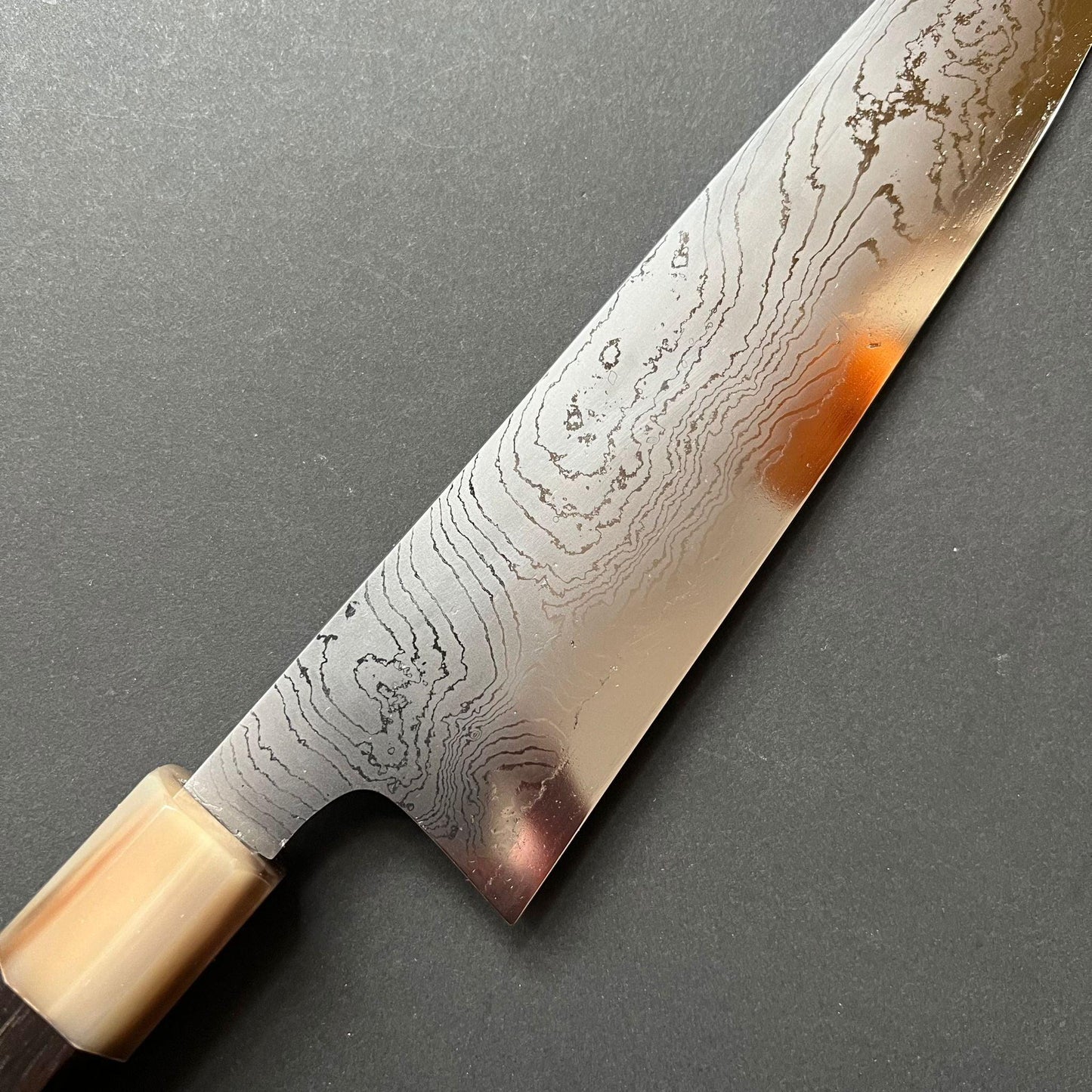 Gyuto knife, Shirogami 2 with iron cladding, Hand Laminated Damascus finish, Hyomon range - Hatsukokoro
