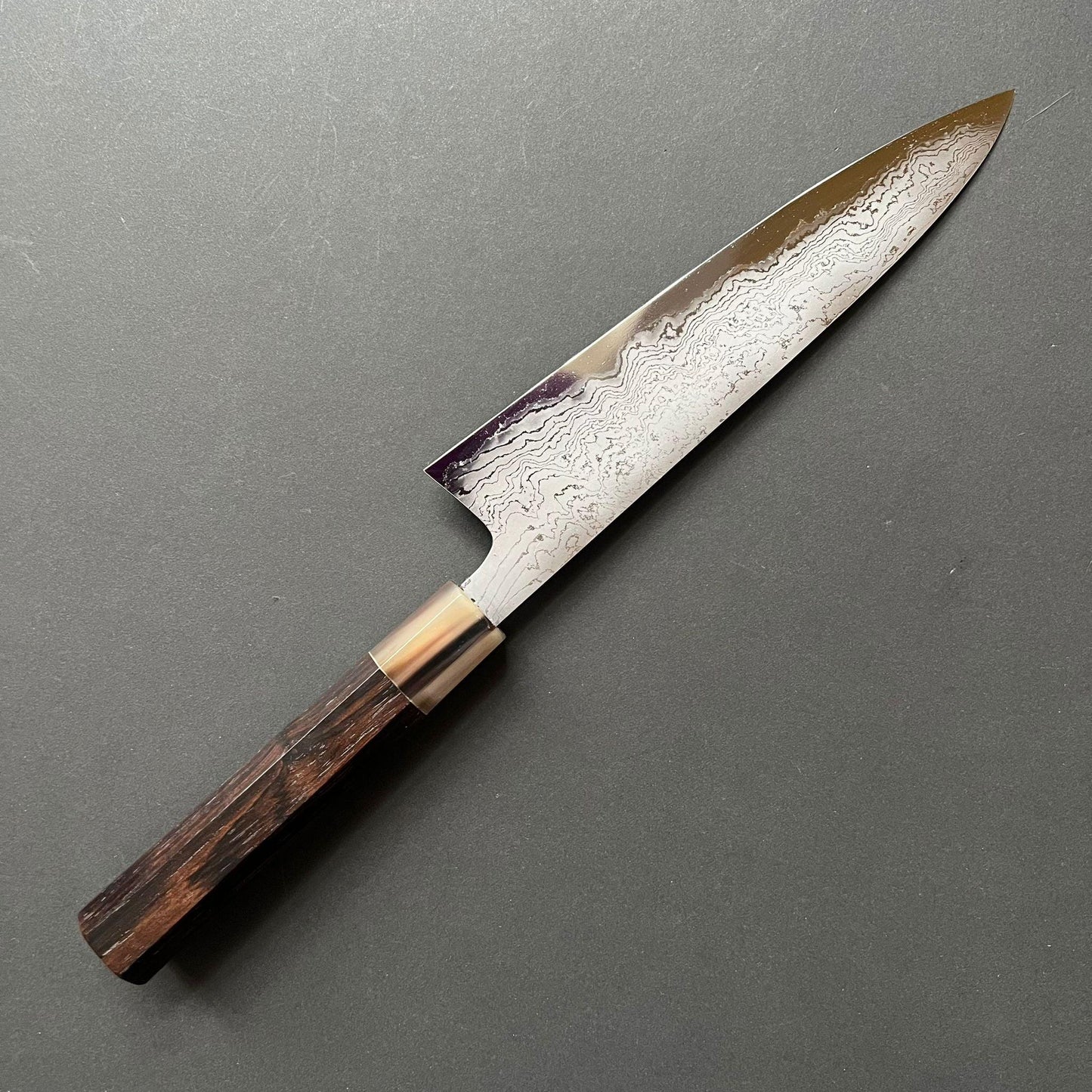 Gyuto knife, Shirogami 2 with iron cladding, Hand Laminated Damascus finish, Hyomon range - Hatsukokoro