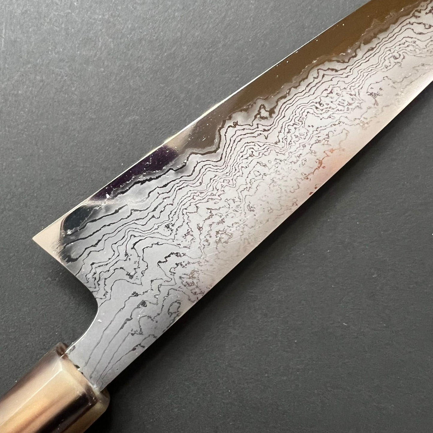 Gyuto knife, Shirogami 2 with iron cladding, Hand Laminated Damascus finish, Hyomon range - Hatsukokoro